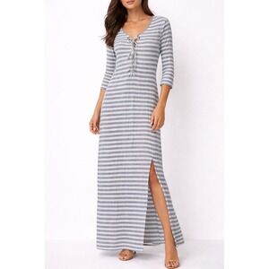 AG Adriano Goldschmied Linen Blend Maxi Dress V Neck Lace Up Side Slit XS